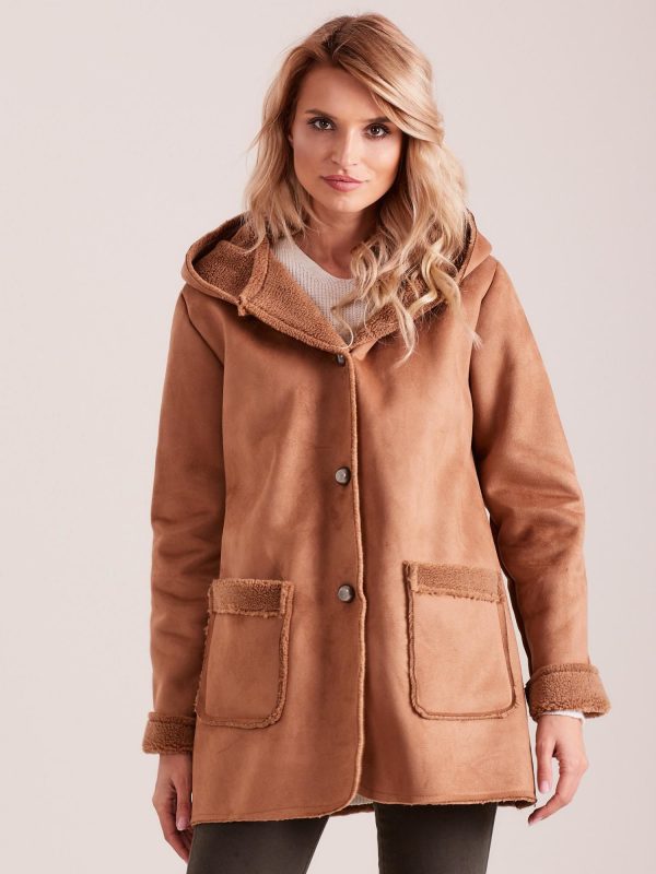 Wholesale Light brown sheepskin coat with hood