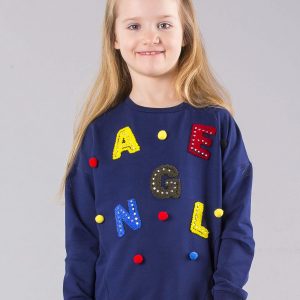 Wholesale Navy blue sweatshirt for girls with appliqué and pompoms