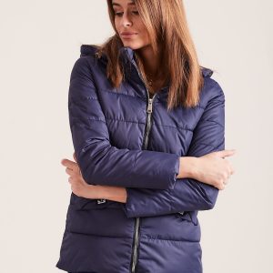 Wholesale Lightweight transitional jacket with detachable hood navy blue