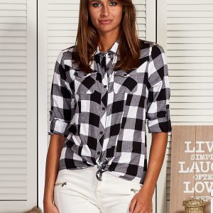 Wholesale Plaid shirt with asymmetrical pockets black