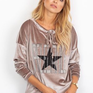 Wholesale Beige velvet sweatshirt with appliqué