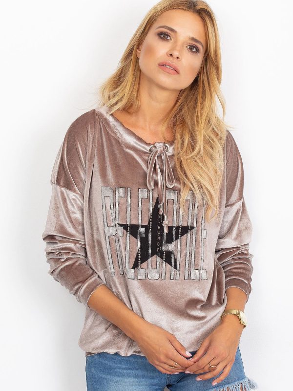 Wholesale Beige velvet sweatshirt with appliqué