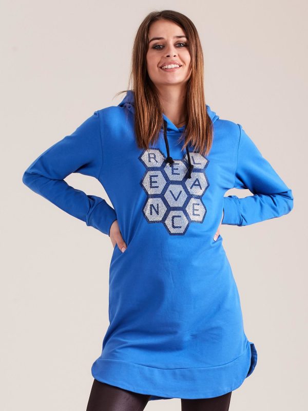 Wholesale Blue sweatshirt tunic with hood and applique