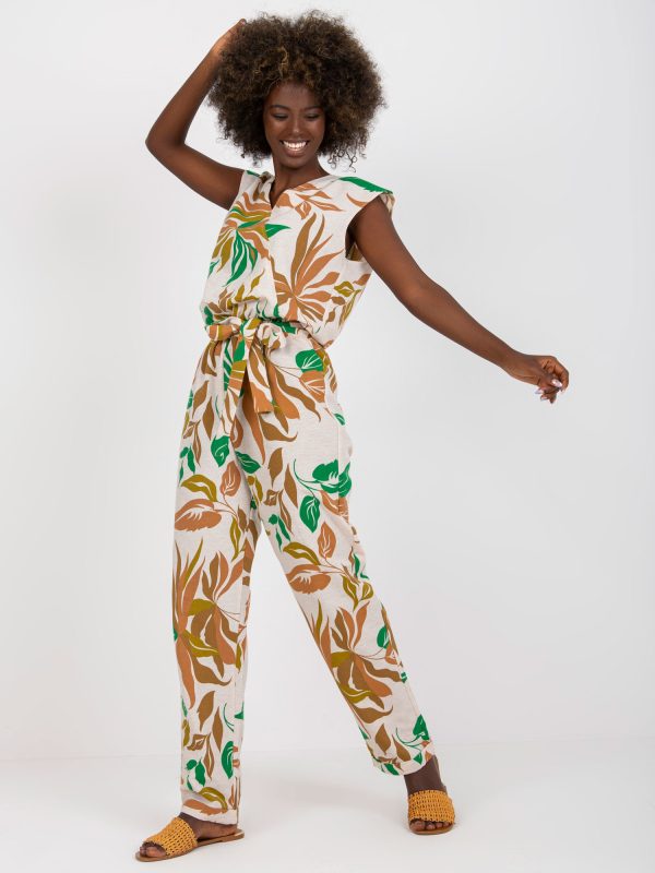 Wholesale Beige and green linen print jumpsuit