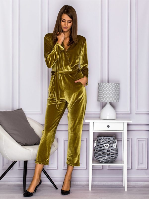 Wholesale Velour jumpsuit with V-neck green