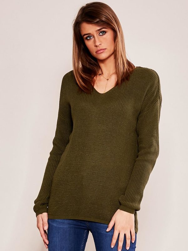 Wholesale Khaki Loose V-Neck Sweater