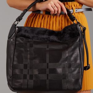 Wholesale Black checkered bag with fur