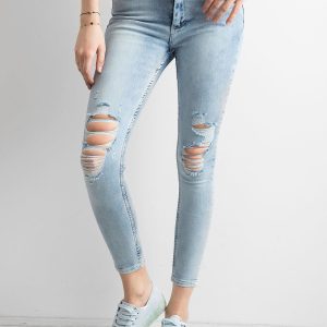 Wholesale Ankle jeans pants with holes blue