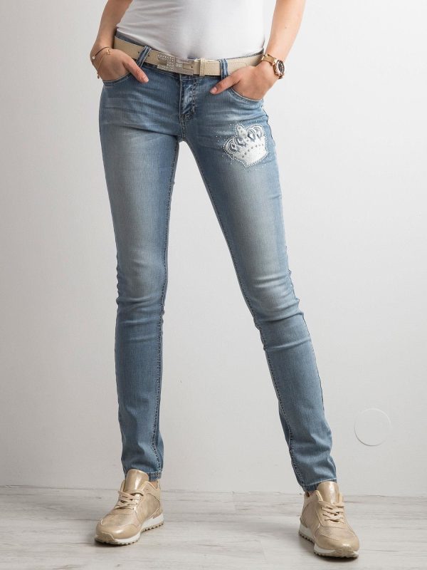 Wholesale Blue slim fit jeans with embroidery