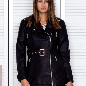 Wholesale Black imitation leather jacket with zippers