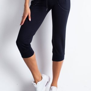 Wholesale Navy blue capri sweatpants with applique at the pockets