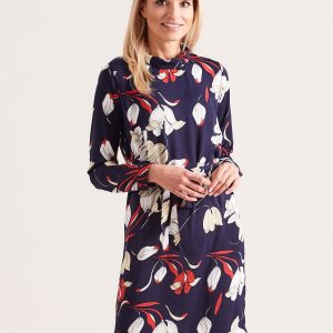 Wholesale Navy blue flower dress with stand-up collar