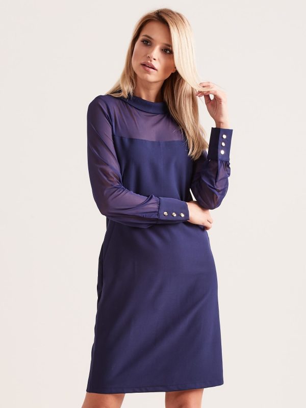 Wholesale Dress with stand-up collar navy blue