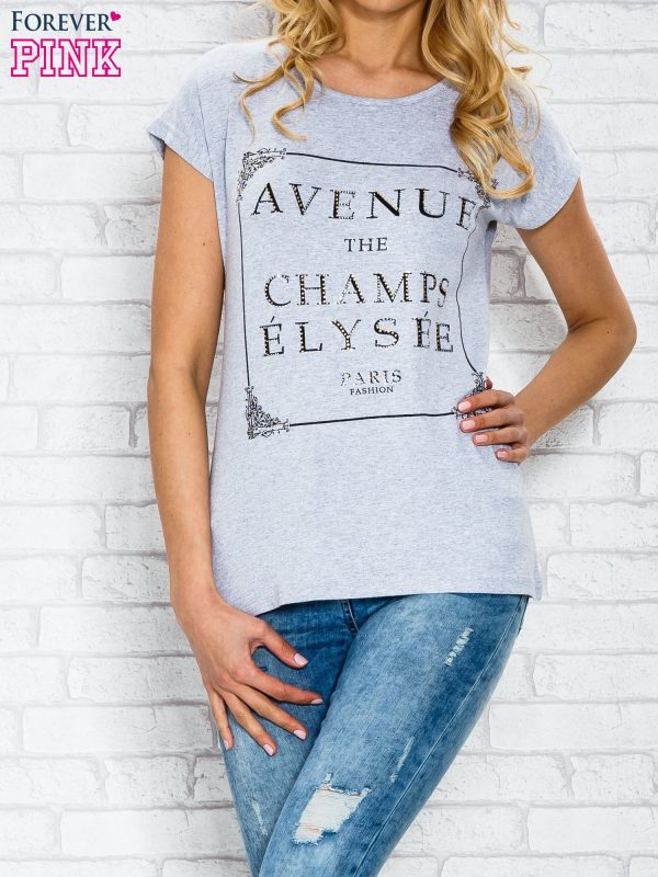 Wholesale Gray t-shirt with inscription AVENUE THE CHAMPS ÉLYSÉE