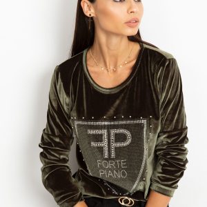 Wholesale Women's velvet sweatshirt with beads and rhinestones khaki