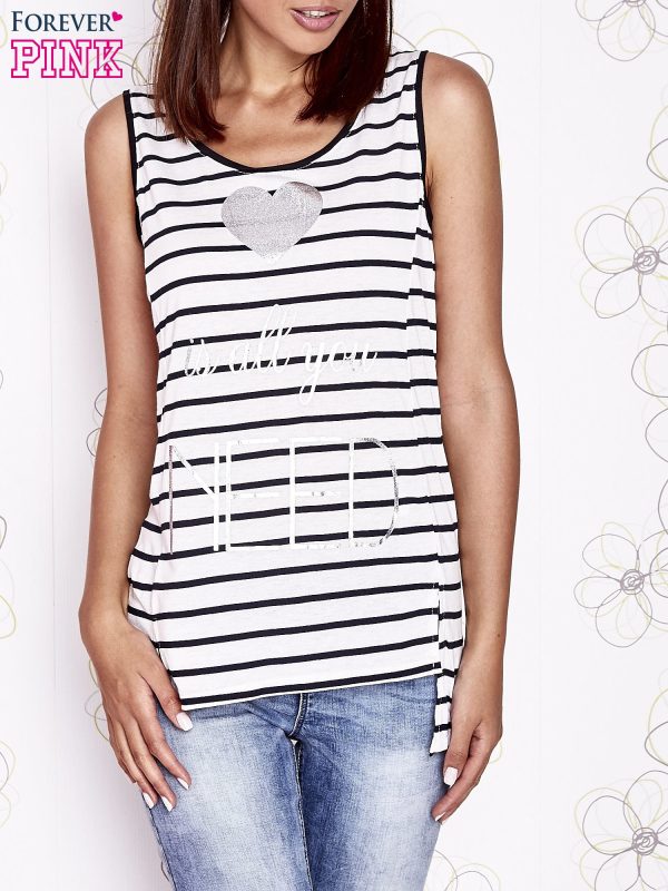 Wholesale White and black striped top with print