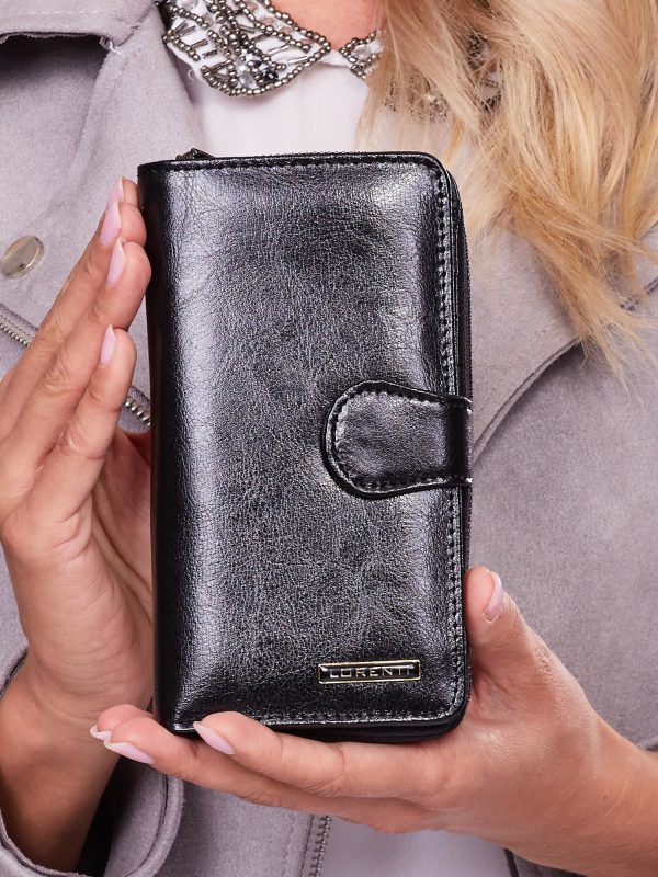 Wholesale Women's Black Leather Wallet with Zipper and Stretch