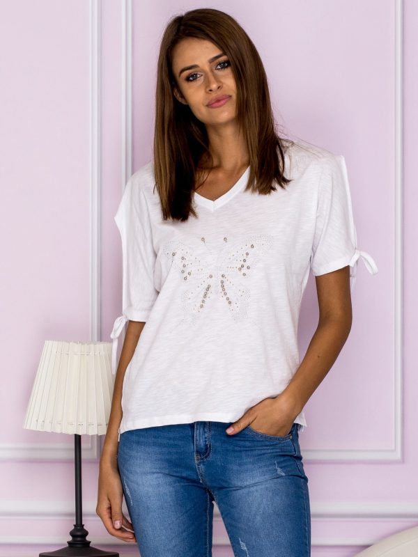 Wholesale Short blouse with butterfly applique white