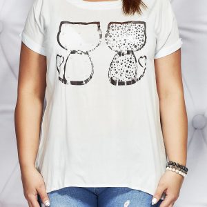 Wholesale Light blue T-shirt with cat print and pearls