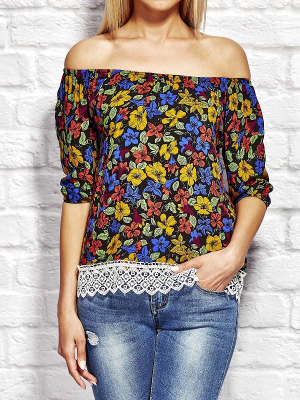 Wholesale Blue blouse with colorful flowers