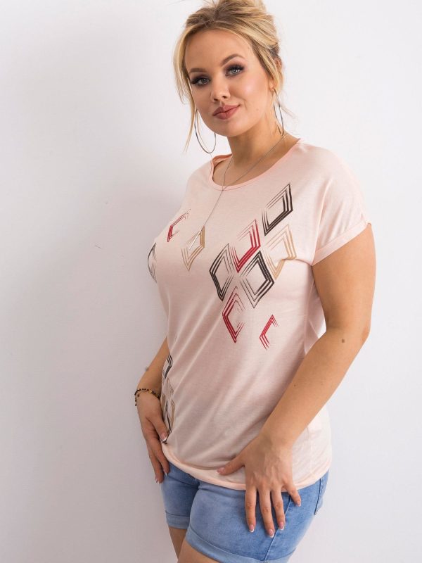 Wholesale Pale pink T-shirt with geometric motif PLUS SIZE