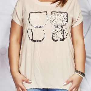 Wholesale Beige T-shirt with cat print and pearls PLUS SIZE