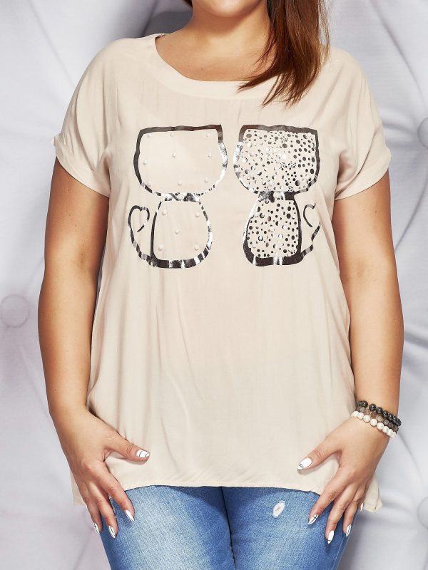 Wholesale Beige T-shirt with cat print and pearls PLUS SIZE