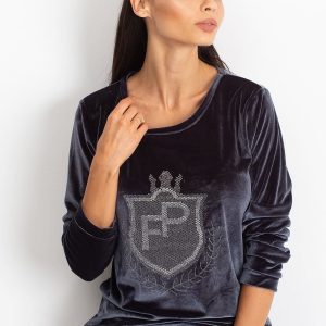 Wholesale Dark gray velvet sweatshirt with coat of arms of rhinestones