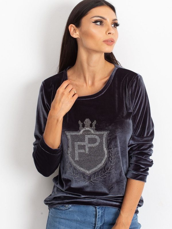 Wholesale Dark gray velvet sweatshirt with coat of arms of rhinestones