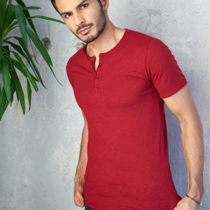 Wholesale Men's dark red t-shirt with buttons