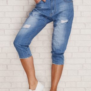 Wholesale Capri denim pants with abrasions blue