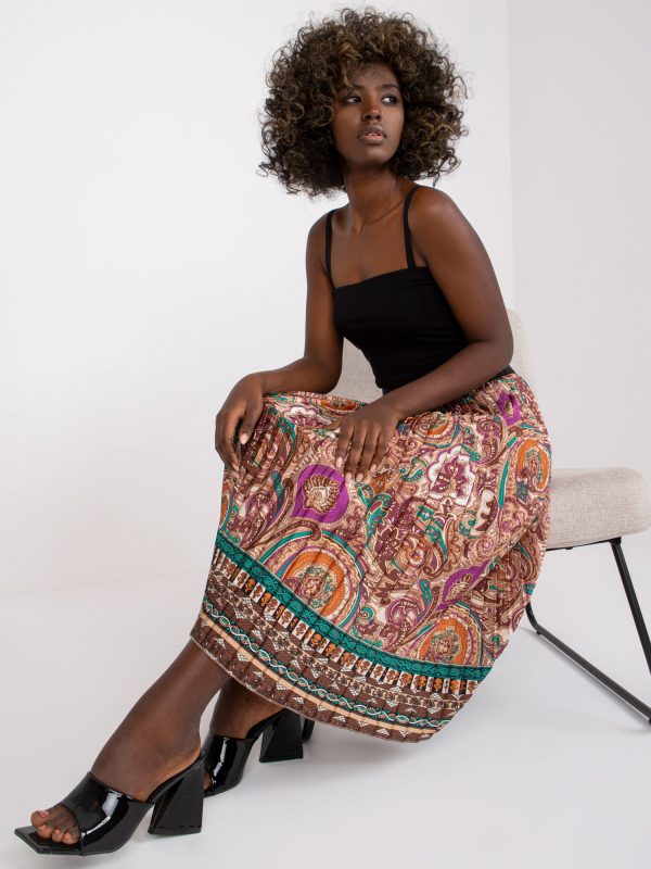 Wholesale Brown-Purple Puebla Pattern Midi Skirt