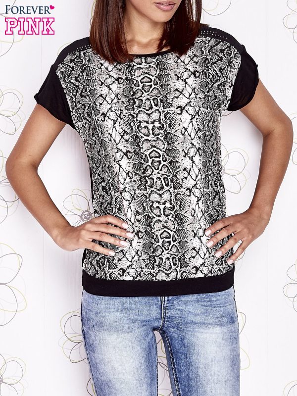 Wholesale Black t-shirt with snake skin motif and transparent back