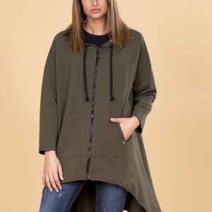 Wholesale Khaki Asymmetrical Sweatshirt with Hoodie