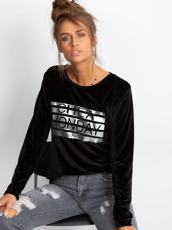 Wholesale Black velvet sweatshirt with silver print