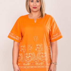 Wholesale Oversized shirt with paisley motif orange PLUS SIZE