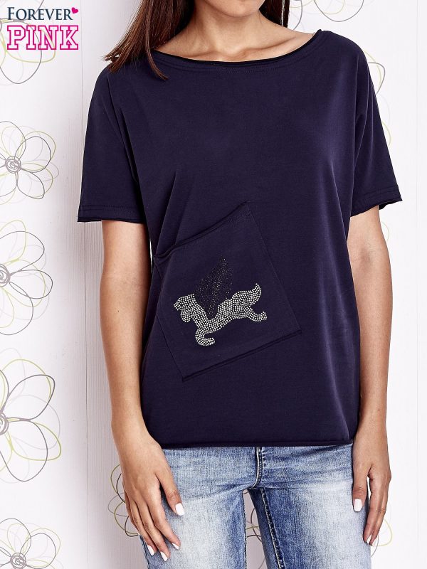 Wholesale Navy blue t-shirt with diagonal pocket and rhinestones