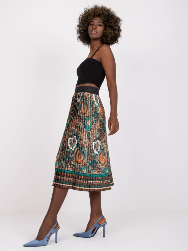 Wholesale Puebla Green Brown Pleated Midi Skirt