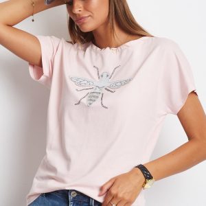 Wholesale Women's T-shirt with insect Patch light pink