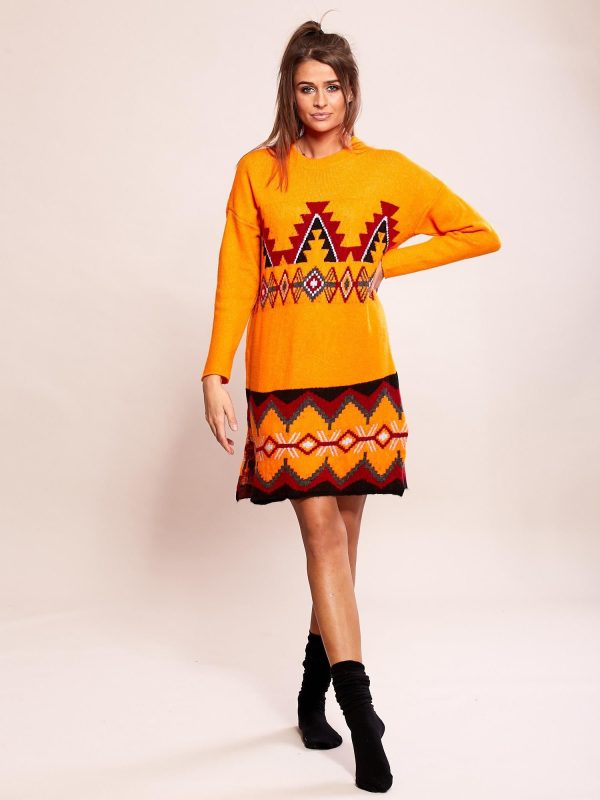 Wholesale Orange knitted dress with ethnic patterns