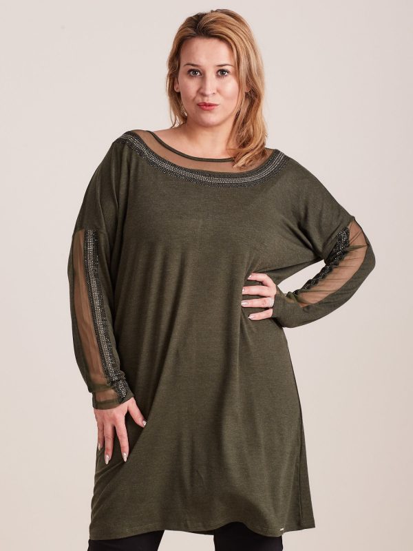 Wholesale Khaki tunic with plus size rhinestones