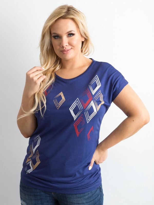 Wholesale Dark blue T-shirt with geometric motif PLUS SIZE