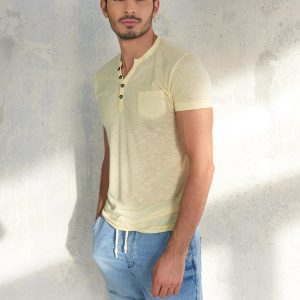 Wholesale Men's light yellow t-shirt with buttons