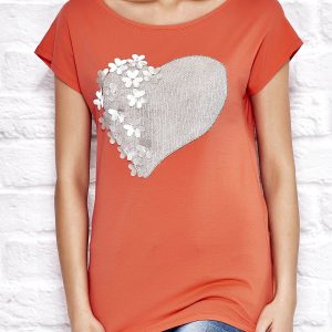 Wholesale T-shirt with metallic heart applique and flowers orange