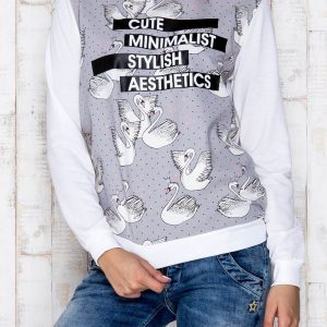 Wholesale Grey sweatshirt with swans print and inscription CUTE MINIMALIST