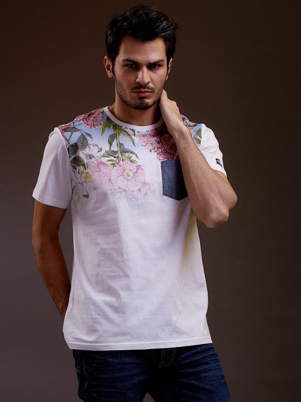 Wholesale White T-shirt for men with flowers FUNK N SOUL