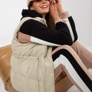 Wholesale Light beige down eco leather vest with pockets