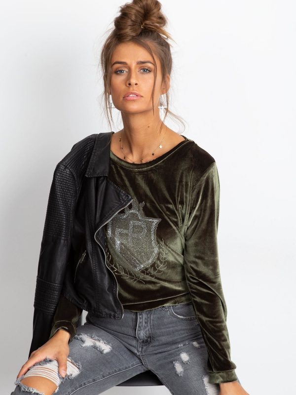 Wholesale Khaki velvet sweatshirt with coat of arms with rhinestones