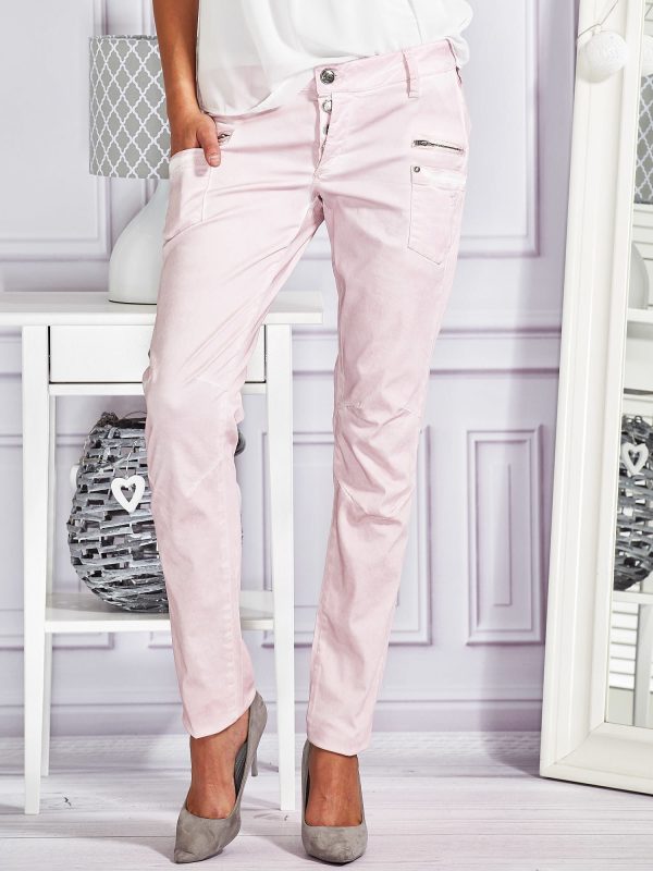 Wholesale Pink fabric skinny pants with decatization and zippers