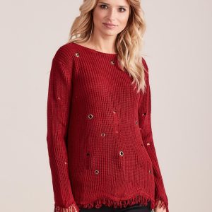 Wholesale Burgundy sweater with tassels and eyelets